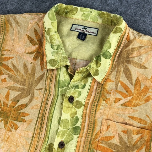 Tommy Bahama Linen Shirt Mens XXL Orange Green Hawaiian Short Sleeve Button Up - Picture 1 of 11